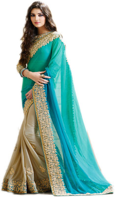 SHREE CREATION Embroidered Bollywood Poly Silk Saree(Beige, Light Green)