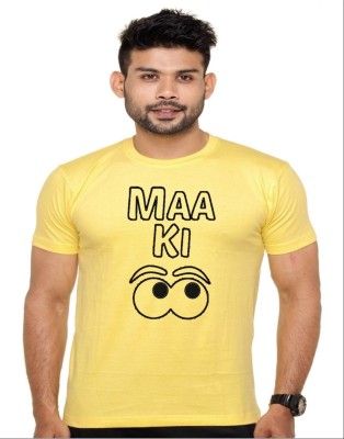 EJEBO Graphic Print Men Round Neck Reversible Yellow T-Shirt