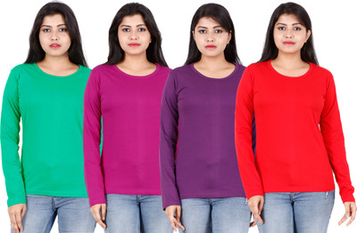 Fleximaa Solid Women Round Neck Multicolor T-Shirt