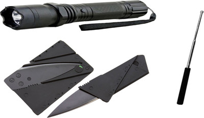 

WIB 2.5 million volt Rechargeable Flash Light Stun Gun With Self Defence Telescopic Iron Baton Folding Stick With Cushion Grip With Credit Card Pocket Knife(Set of 3)