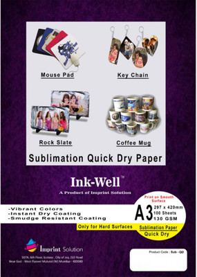 

INK WELL Sublimation QD Paper Quick Dry A3 Size - 100 Sheet, 130 GSM Unruled A3 Printer Paper(Set of 1, White)