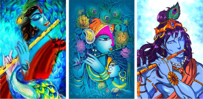 

"Virgin Trends" - Paintings of Shree Krishna Playing Flute - Combo of 3 Posters Paper Print(12 inch X 18 inch, Rolled)