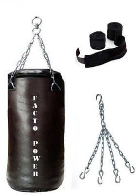 

FACTO POWER 2.5 Feet Long, SRF - STANDARD Material, BLACK Color, Unfilled with Chain & 9 Feet Long Black Color Hand Wraps Pair Boxing Kit