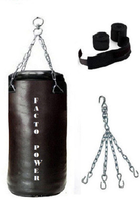 

FACTO POWER 4.5 Feet Long, SRF - STANDARD Material, BLACK Color, Unfilled with Chain & 9 Feet Long Black Color Hand Wraps Pair Boxing Kit