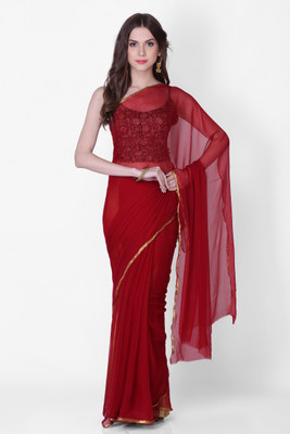 Geroo Solid Fashion Chiffon Saree(Red) Flipkart