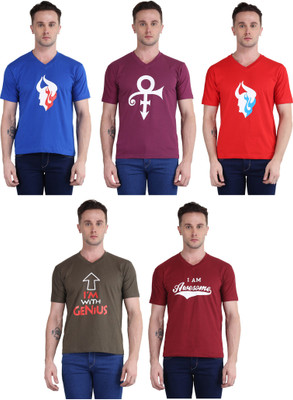 British Terminal Printed Men V-neck Multicolor T-Shirt(Pack of 5) Flipkart