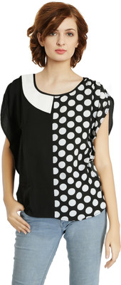 Goswankyy Casual Short Sleeve Polka Print Women Black Top