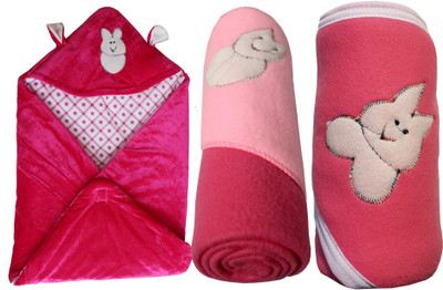 My NewBorn Plain  Hooded Baby Blanket(Polyester, Rani