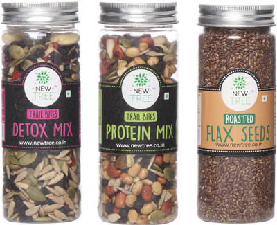 

New Tree Trail Bites Detox Mix, Trail Bites Protein Mix, Roasted Flax Seeds Set of 3 Assorted Nuts(490 g, Plastic Bottle)