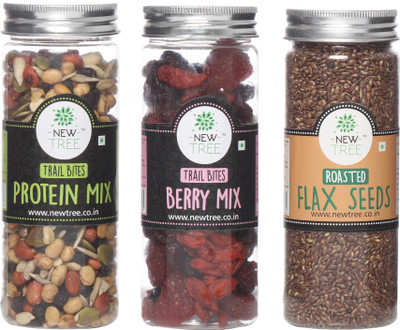 

New Tree Trail Bites Protein Mix, Trail Bites Berry Mix, Roasted Flax Seeds Set of 3 Assorted Nuts(490 g, Plastic Bottle)