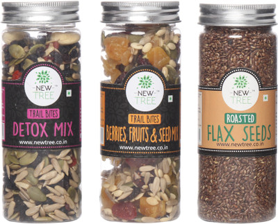 

New Tree Trail Bites Detox Mix, Trail Bites Berries, Fruits & Seed Mix, Roasted Flax Seeds Set of 3 Assorted Nuts(490 g, Plastic Bottle)