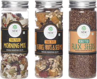 

New Tree Trail Bites Morning Mix, Trail Bites Berries, Fruits & Seed Mix, Roasted Flax Seeds Set of 3 Assorted Nuts(470 g, Plastic Bottle)