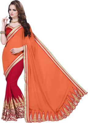 UJJWAL CREATION Embroidered Fashion Georgette Saree(Orange, Red) Flipkart