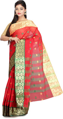 SUBHADRA Woven Tant Handloom Cotton Blend Saree(Red) SUBHADRA Woven Tant Handloom Cotton Blend Saree(Red)