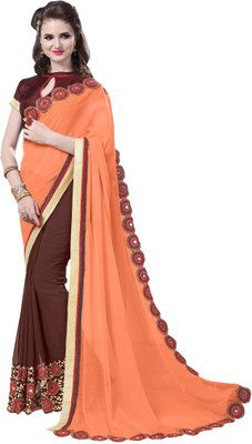 UJJWAL CREATION Embroidered Fashion Georgette Saree(Orange, Grey) Flipkart