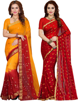 Ishin Printed, Hand Painted Bollywood Chiffon Saree(Pack of 2, Orange, Red) Flipkart