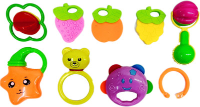 

Blossom Baby Teethers Rattle Toy(Set of 9 Pcs) with Various Rattle Toys that comes inside a Piggy Bank for New Borns & Infants Rattle(Multicolor)