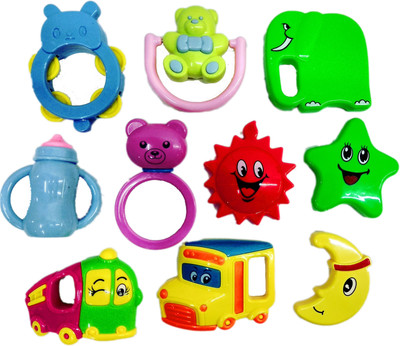 

Blossom Baby Teethers Rattle Toy(Set of 10 Pcs) with Various Rattle Toys that comes inside a Piggy Bank for New Borns & Infants Rattle(Multicolor)