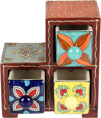 

Indikala 3 Compartments Wood & Ceramic Drawer(Multicolor)