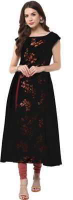 Janasya Women Floral Print Anarkali Kurta(Black)