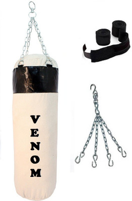 

Venom 1.5 Feet Long, CANVAS Material, WHITE and BLACK Color, Unfilled with Chain & 9 Feet Long Black Color Hand Wraps Pair Hanging Bag(1.5, 18 kg)