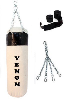 

Venom 4.0 Feet Long, SRF - CANVAS Material, WHITE and BLACK Color, Unfilled with Chain & 9 Feet Long Black Color Hand Wraps Pair Hanging Bag(4.0, 48 kg)