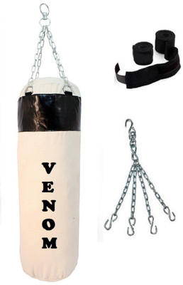 

Venom 2.5 Feet Long, CANVAS Material, WHITE and BLACK Color, Unfilled with Chain & 9 Feet Long Black Color Hand Wraps Pair Hanging Bag(2.5, 30 kg)