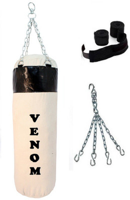 

Venom 3.0 Feet Long, SRF - CANVAS Material, WHITE and BLACK Color, Unfilled with Chain & 9 Feet Long Black Color Hand Wraps Pair Hanging Bag(3.0, 36 kg)