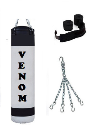 

Venom 3.0 Feet Long, PU-Material, WHITE and BLACK Color, Unfilled with Chain & 9 Feet Long Black Color Hand Wraps Pair Hanging Bag(3.0, 36 kg)