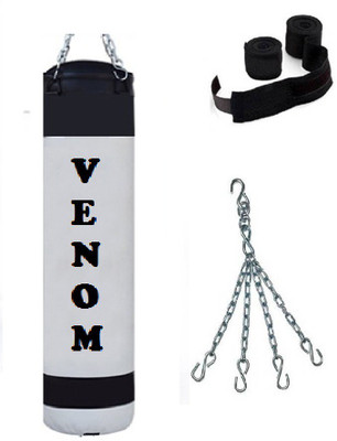 

Venom 1.5 Feet Long, PU Material, WHITE and BLACK Color, Unfilled with Chain & 9 Feet Long Black Color Hand Wraps Pair Hanging Bag(1.5, 18 kg)