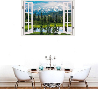 Asmi Collections 90 cm Beautiful Mountain Landscape Window Illusion Removable Sticker(Pack of 1)
