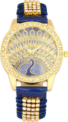 View Merchanteshop Peacock Design Blue Leather Golden Dial Diamond Studded Peacock Design Blue Leather Golden Dial Diamond Studded Watch  - For Women Wrist Watches Price Online(Merchanteshop)