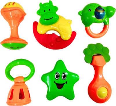 

Blossom Baby Teethers Toy (Set of 6 Pcs) with Various Rattles that comes inside a Piggy Bank for New Borns & Infants Rattle(Multicolor)