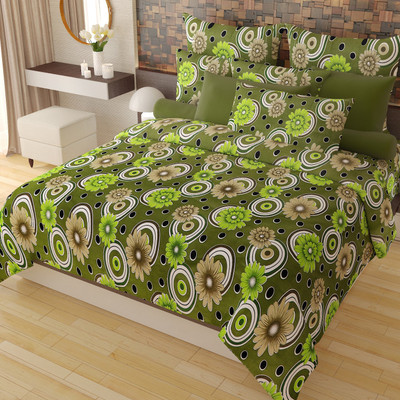 70% OFF on Home Candy 144 TC Cotton Double Floral Bedsheet(1 Double Bedsheet, 2 Pillow Covers, Green)