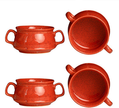 

caffeine Katori With Spoon in Neon Orange Double Handled (Set of 4) Ceramic Bowl Set(Orange, Pack of 4)