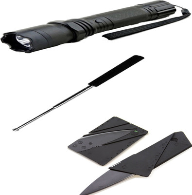 

WIB 2.5 million volt Rechargeable Flash Light Stun Gun With Self Defence Telescopic Iron Baton Folding Stick With Cushion Grip With Credit Card Pocket Knife(Set of 3)
