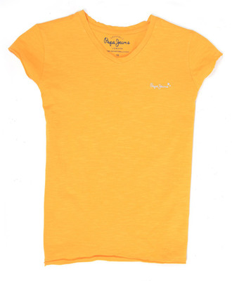 Pepe Jeans Girls Solid Cotton T Shirt(Yellow, Pack of 1) available at flipkart for Rs.249