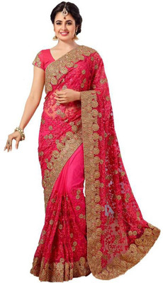 Tiana Creation Embroidered Fashion Net Saree(Pink)