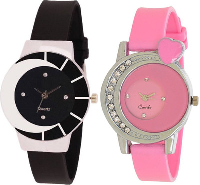 View KNACK black white color fancy beautiful glass watch with Pink crystals studded heart beautiful design women Watch  - For Girls Wrist Watches Price Online(KNACK)