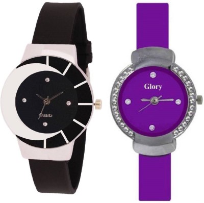 KNACK black white color fancy beautiful glass watch with glory purple crystals studded round fancy women Watch  - For Girls   Watches  (KNACK)