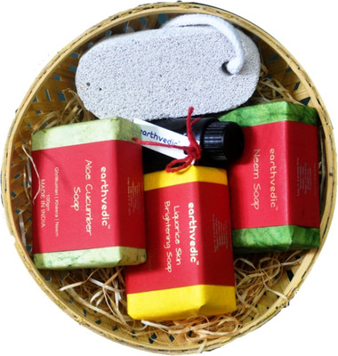 

Earthvedic Gift Set Of Handmade Soaps( Neem+ Aloe Cucumber+ Liquorice+10ml Essential Oil) Combo Set(Set of 5)