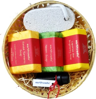 

Earthvedic Gift Set Of Handmade Soaps(Sandal Turmeric+ Neem + Liquorice+ 10ml Essential Oil) Combo Set(Set of 5)