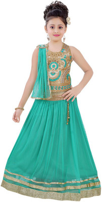 

Haazra Girls Lehenga Choli Ethnic Wear Self Design Lehenga, Choli and Dupatta Set(Green, Pack of 1