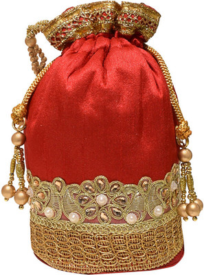 

Jewellerkaka Aritstic Red Potli Clutch Potli(Red, White, Gold), Gold;red;white