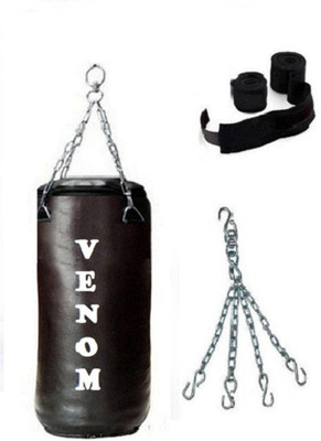 

Venom 5.5 Feet Long, SRF - STANDARD Material, BLACK Color, Unfilled with Chain & 9 Feet Long Black Color Hand Wraps Pair Hanging Bag(5.5, 66 kg)