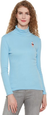 HYPERNATION Solid Women Turtle Neck Light Blue T-Shirt