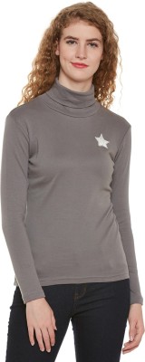 HYPERNATION Solid Women Turtle Neck Grey T-Shirt