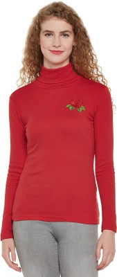 HYPERNATION Solid Women Turtle Neck Red T-Shirt