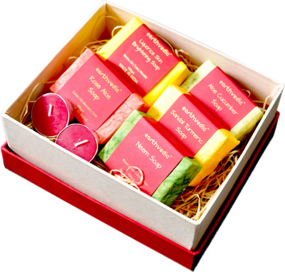 

Earthvedic Gift Set Of Handmade Soaps( Rose Aloe + Sandal Turmeric+ Aloe Cucumber +Neem +Liquorice +2 Scented Candles ) Combo Set(Set of 7)