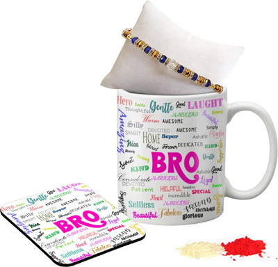 

LOF Rakshabandhan Rakhi Gifts Hamper Designer Rakhi for Brother Bhabhi with Roli Chawal Printed Coaster 002 Ceramic Mug(325 ml), White